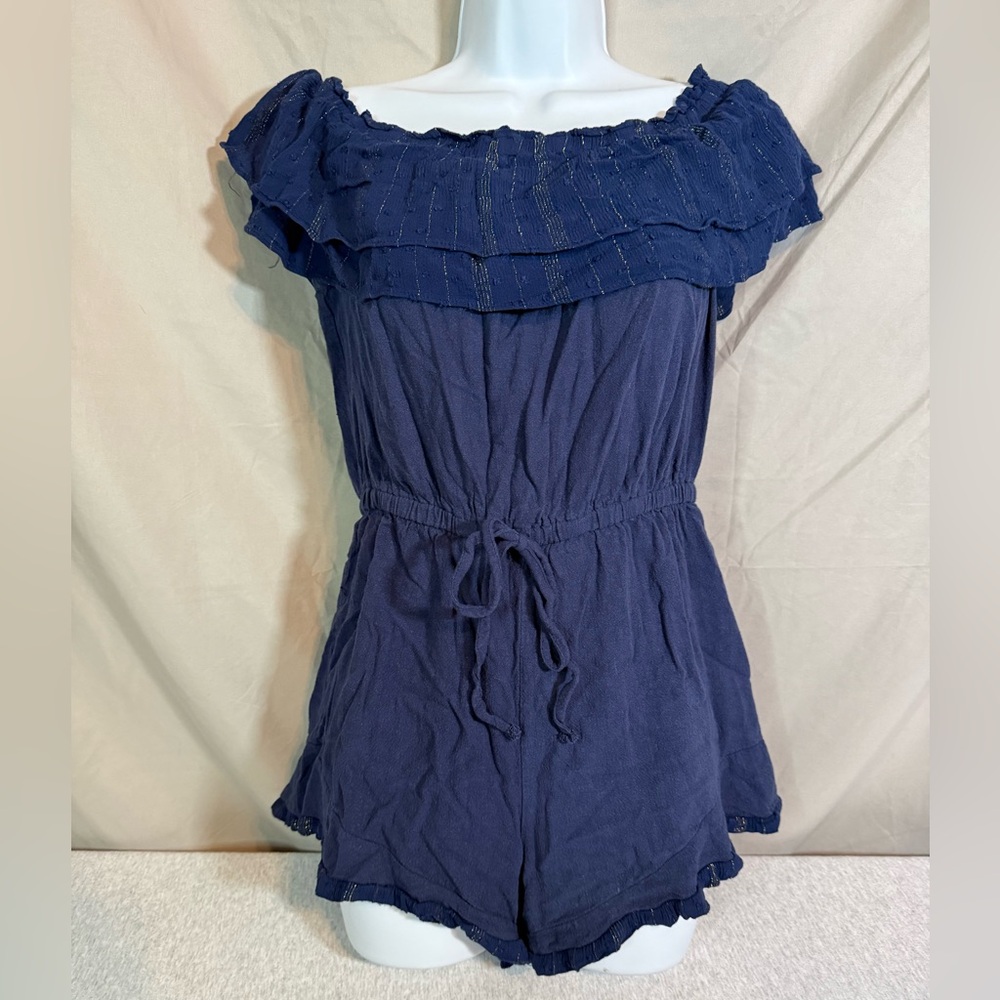 Umgee Linen-Blend Navy Ruffle off shoulderā Romper with Gold Stripe Accents āØ